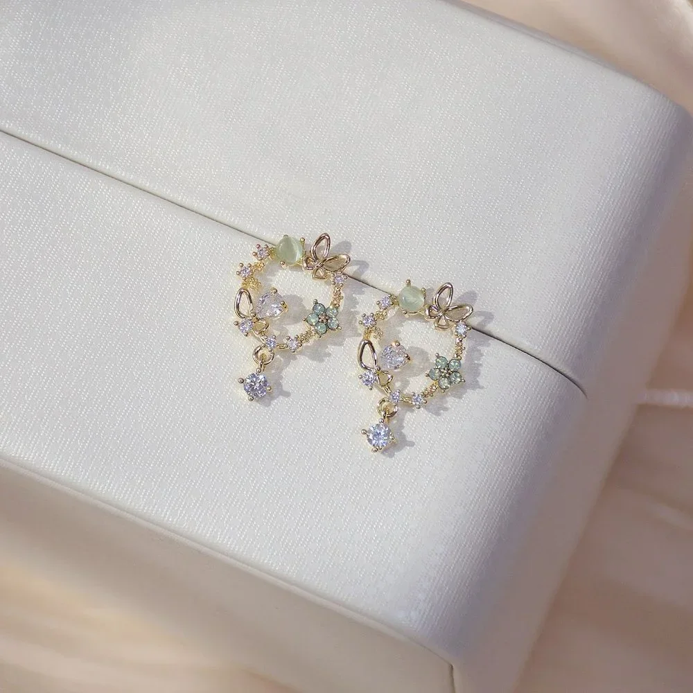 NEW 14K Gold Plated Diamond Flower Butterfly Circle Earrings
